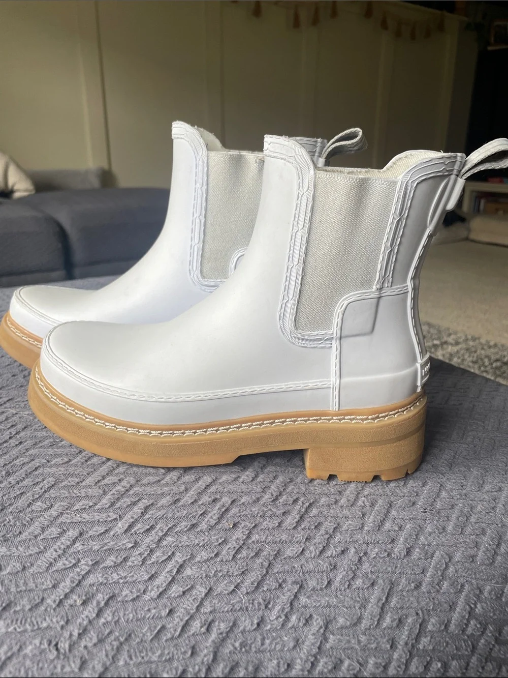 Hunter White Chelsea Rain Boots with Tan Lug Sole